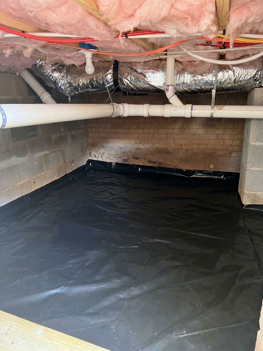 Crawlspace sealed with vapor barrier, insulated ducts and new white drain lines