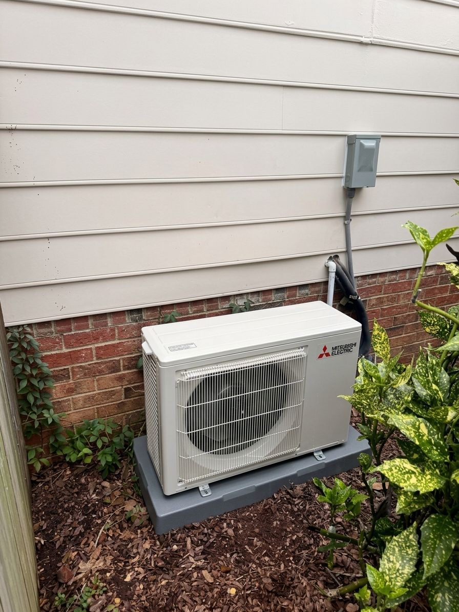 New Mitsubishi Electric mini-split outdoor unit for the garage, on a pad beside the brick foundation