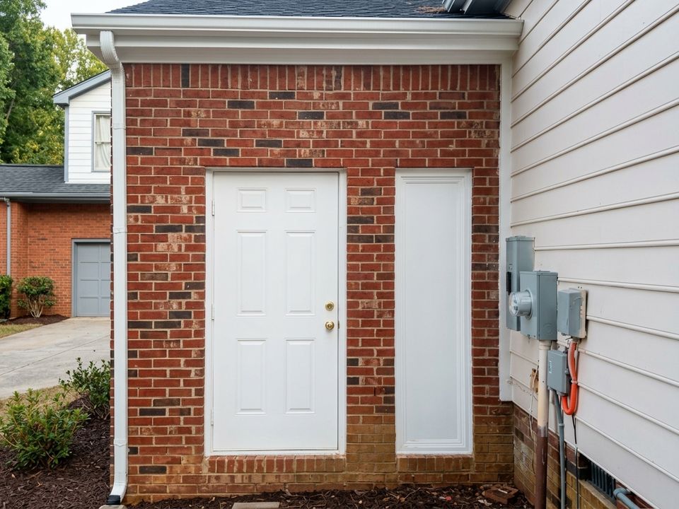 Brick utility room with two new white doors beside the house